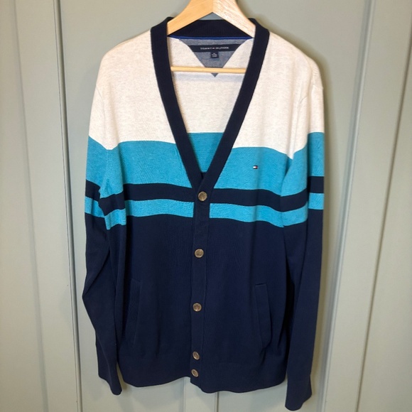 Tommy Hilfiger Men's Cardigan Sweater XL Navy Blue Teal Stripe Cotton Button - Picture 1 of 6
